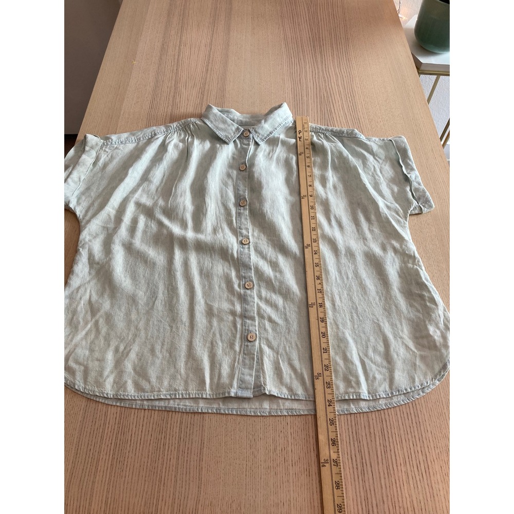 NWT Faherty Shirt Women M Blue Indigo Dyed Linen Tencel Short Sleeve Button Down - Picture 7 of 8